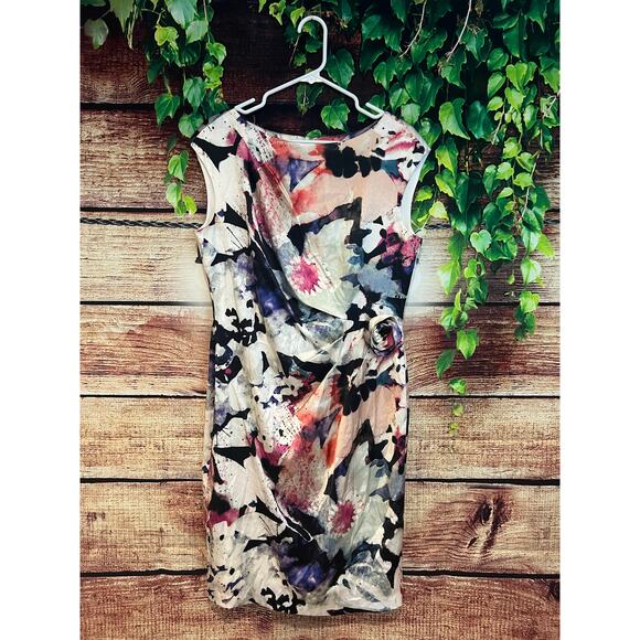 Suzi Chin Maggie Boutique Sheath Midi Dress SILK Floral Watercolor Sleeveless 12 - Picture 3 of 8